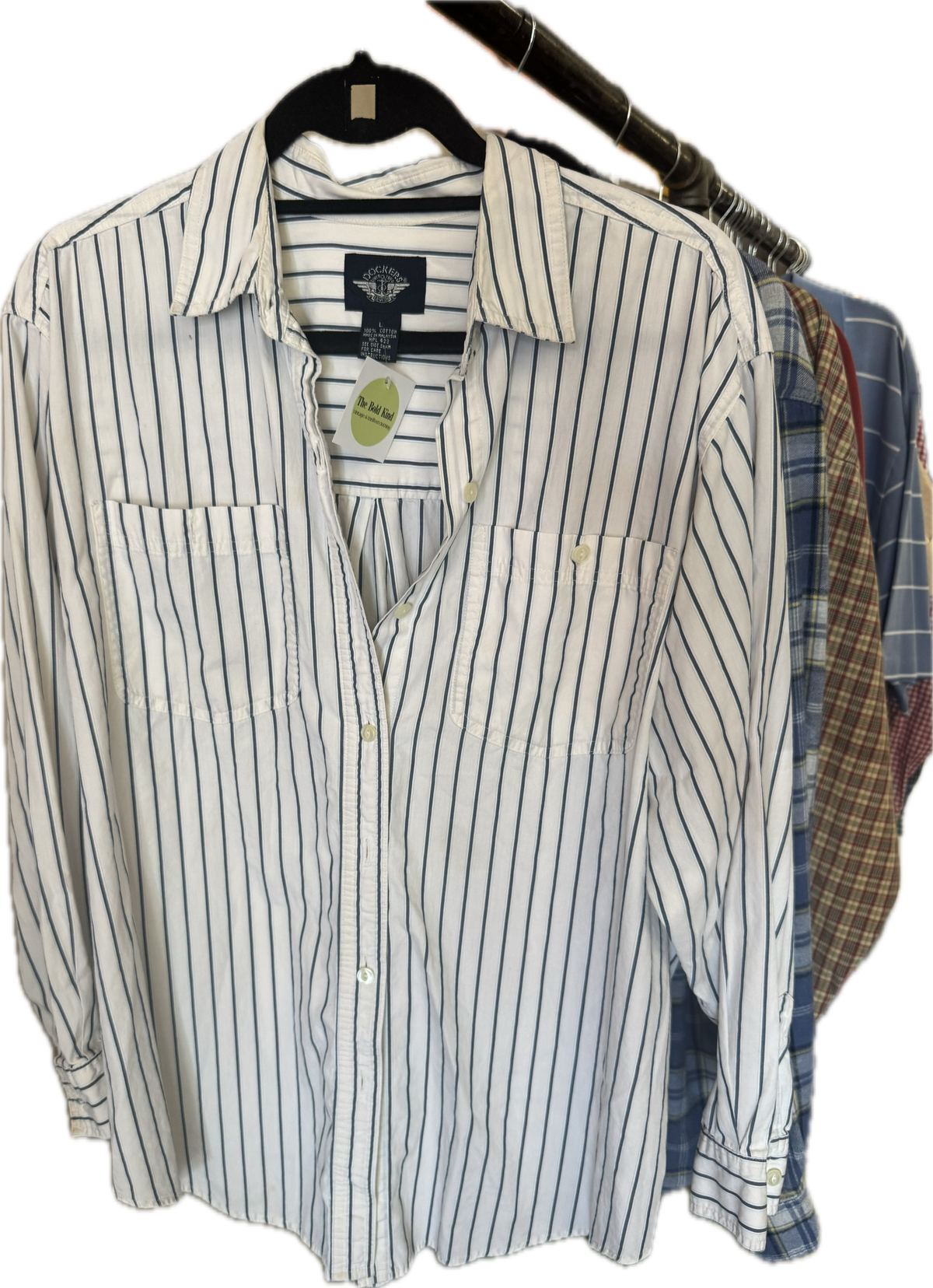 (L) Blue and white button up