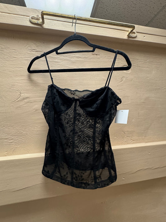 Preloved Sheer Velvet Vine Detail Black Tank